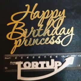 Топер АКРИЛ дзеркальний бічний золотий Happy Birthday princess Ширина 12см