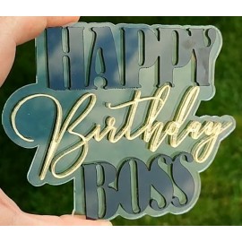 Топер АКРИЛ дзеркальний бічний Happy Birthday Boss, золото, ширина 20см