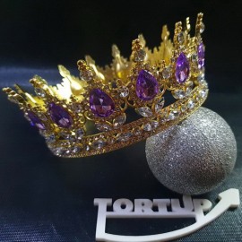 Корона металева для торта 12см, золота, камінь бузковий