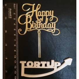 Топпер АКРИЛ дзеркальний бічний золотий Happy Birthday №1 Ширина 8см