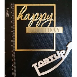 Топпер АКРИЛ дзеркальний бічний золото з гравіюванням Happy Birthday квадрат