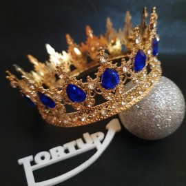 Корона металева для торта 12см, золота, камінь синій
