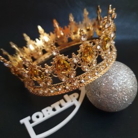 Корона металева для торта 12см, золота, камінь жовтий