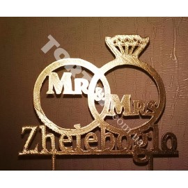Топер пластиковий іменний Кільця Mr&Mrs золото, 16*12см, ніжка 5,5